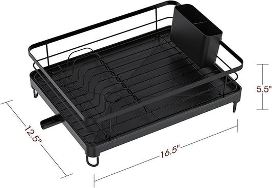 Sakugi Stainless Steel Dish Drying Rack for Kitchen Counter, Sink Organization and Storage Essentials with Silverware & Utensil Holder, Home and Apartment Decor, 12.5''W x 16.5'L, Black