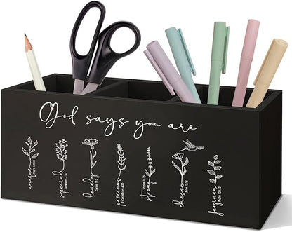 SNNDER Gods Says You are Floral Christian Pen Holder for Desk, Christian Gifts for Women Inspirational Religious Bible Verses Wooden Pen Pencil Holder Organizer for Home Office Desk Accessories