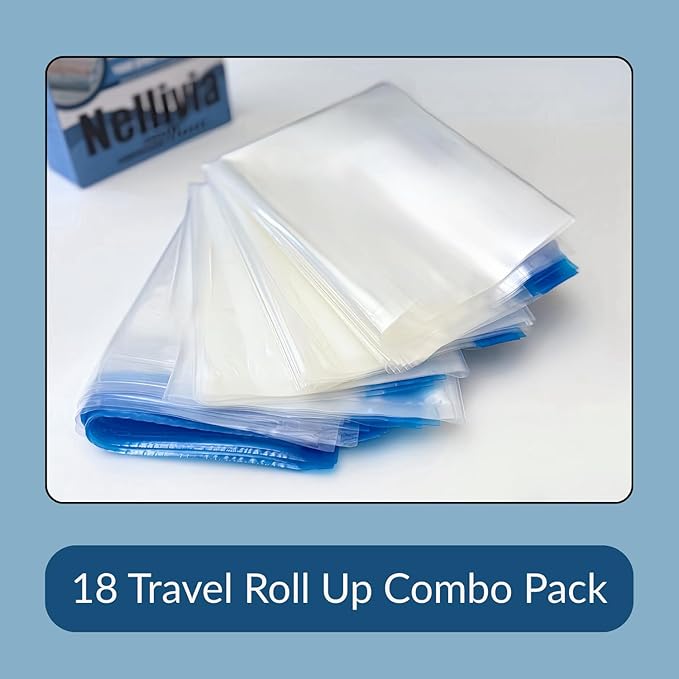 Nellivia 18 Pack Compression Bags for Travel, Roll Up Space Saver Bags for Clothes Storage, Compact Packing travel organizer for Luggage, Suitcase, Backpack, No Pump or Vacuum Needed