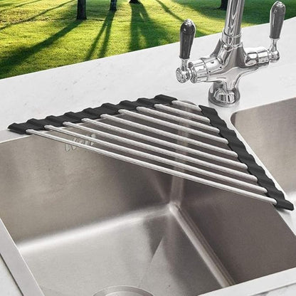Roll Up Dish Drying Rack and Triangle Dish Drying Rack for Sink,over the Sink Dish Drying Rack , Kitchen Corner Dishes Drainer Mat, Foldable Stainless Steel Corner Sink Rack for Kitchen (Triangle)