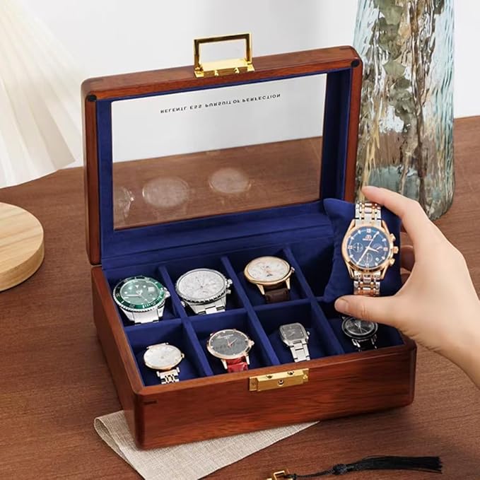 Bescott Solid Wood Watch Box 8 Slots With Glass Lid Walnut Collection Case For Men Women Luxury Wooden Display Organizer Storage Holder