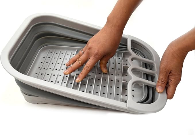 SAMMART Set of 2 Collapsible Dish Drainer with Drainer Board - Foldable Drying Rack Set - Portable Dinnerware Organizer - Space Saving Kitchen Storage Tray (2, Grey)