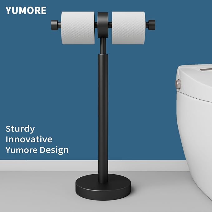 YUMORE Toilet Paper Holder Stand, Floor Freestanding Double Roll Black Tissue Paper Stand for Modern Bathroom, Weighted Round Base Stainless Steel Toilet Roll Holder,Extra Capacity