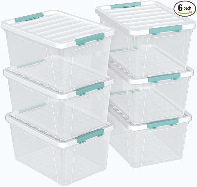 Melontray 35 Quart Latch Storage Box, 6-Pack Clear Plastic Storage Bins with Latching Lids