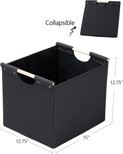 HOONEX Large Collapsible Storage Bins, Linen Fabric, Pack of 2, Storage Baskets with Wooden Carry Handles and Sturdy Heavy Cardboard, for Home, Office, Car, Nursery, Black