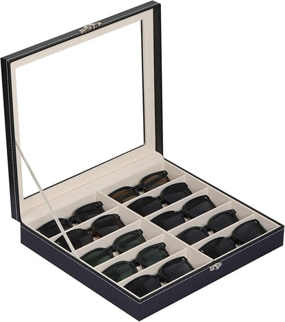 AUTOARK Large Top Glass Lid Sunglasses Organizer Case,10-Slot PU Leather Lockable Storage Box for Eyeglasses,Watch,Jewelry,Gift for Home,Black,MKAW-111
