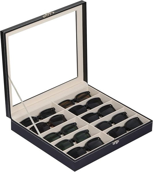 AUTOARK Large Top Glass Lid Sunglasses Organizer Case,10-Slot PU Leather Lockable Storage Box for Eyeglasses,Watch,Jewelry,Gift for Home,Black,MKAW-111