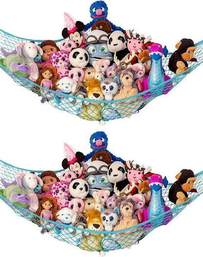 Lilly's Love Large Stuffed Animal Hammock | Corner Hanging Organizer, Toy Storage, Stuffed Animal Storage Net | Made from Quality Fishing Net, Holds 12lbs | 79"x63"x63" (Light Blue, 2 Pack)