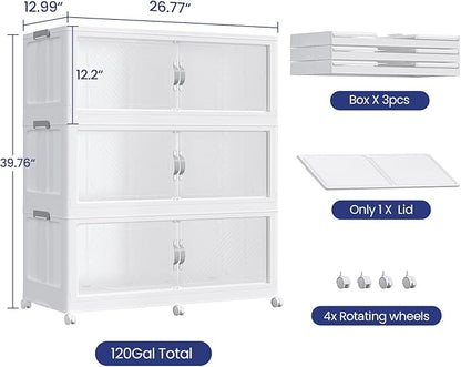 360QT Extra Large Stackable Storage Bins with Lid, 90Gal Plastic Closet Organizers and Storage Drawer, Collapsible Cabinet Box with Wheels Clear Doors for Home Kitchen Office, 3Pack White