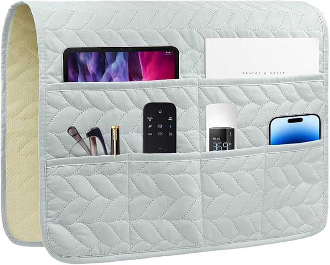 HADEEONG Sofa Armrest Organizer Arm Chair Caddy for Recliner, Remote Control Holder for Recliner, Non-Slip Armchair Caddy with 6 Pockets Storage for Magazine, Tablet, Phone, Light Grey