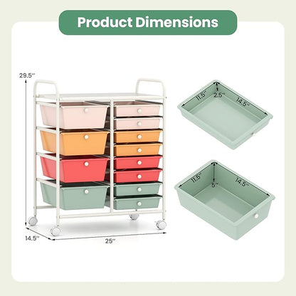 Giantex 12 Drawer Rolling Cart with Drawers, Storage Organizer Cart for Classroom Office School Teacher, Mobile Drawer Cart for Tools, Crafts, Small Printer, Macaron Multicolor