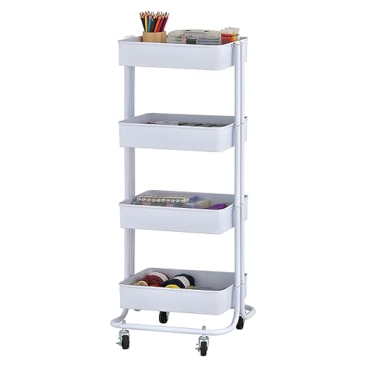 ECR4Kids 4-Tier Metal Rolling Utility Cart, Multipurpose Storage, White