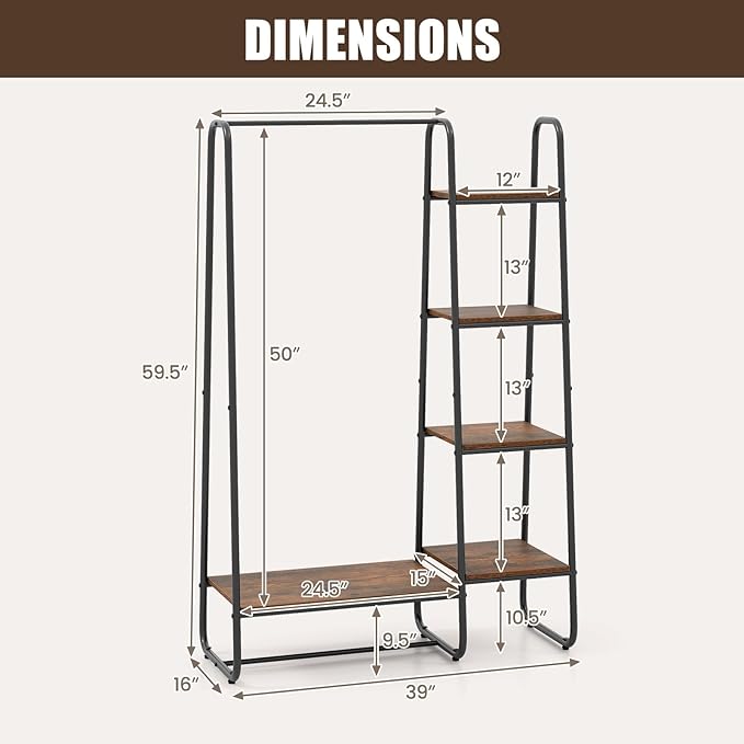 Tangkula Garment Rack with Shelves, Clothes Rack with 5 Shelves & Hanging Bar, Open Wardrobe for Hanging Clothes and Storage, Free Standing Closet Organizer, Clothing Rack for Bedroom Entryway
