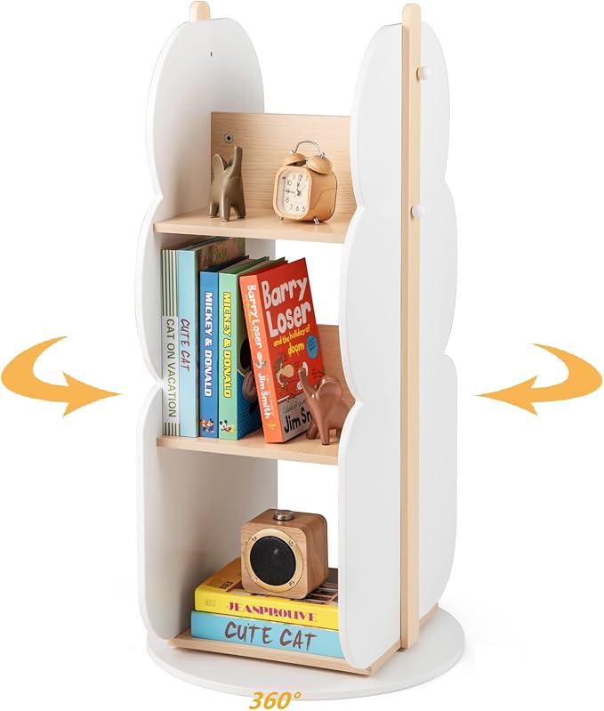 Costzon Kids Rotating Bookshelf, 3-Tier Small Book Shelf w/12 Sectors, 360° Display Spinning Bookshelf Tower, Wooden Revolving Bookcase for Kid's Room, Living Room, Daycare, Small Spaces (White)