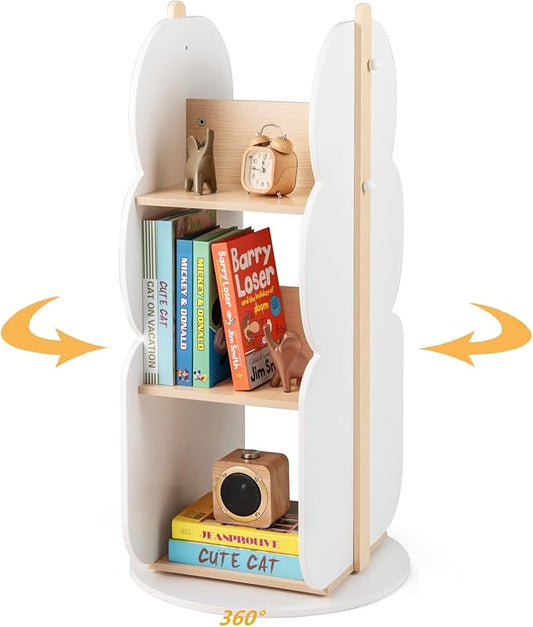 Costzon Kids Rotating Bookshelf, 3-Tier Small Book Shelf w/12 Sectors, 360° Display Spinning Bookshelf Tower, Wooden Revolving Bookcase for Kid's Room, Living Room, Daycare, Small Spaces (White)