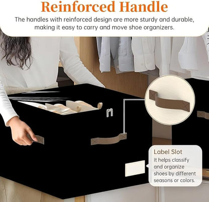 Shoe Organizer for Closet, Foldable Shoe Storage Containers, Fits up to 16 Pairs, Large Shoe Storage Organizer Box Cubby Baskets Bins with Clear Cover and Reinforced Handles, Black