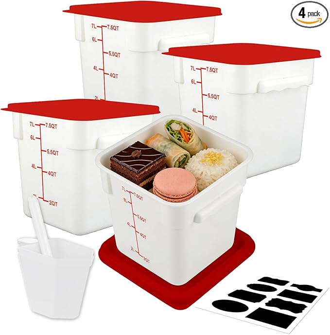 WELKOR Square Food Containers with Lids 4-Pack, Commercial Grade Airtight Plastic Bins for Restaurant Kitchen Pantry Storage, Freezer & Dishwasher Safe (Red, 8QT-4PACK)