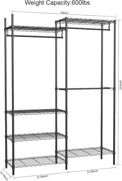 XIOFIO Heavy Duty Garment Rack, Metal Clothing Rack with 3 Hanging Rods and 6 Adjustable Shelves, Freestanding Open Wardrobe Organizer for Hanging Clothes,54"L x 16.5"W x 76.7"H Max Load 600LBS, Black