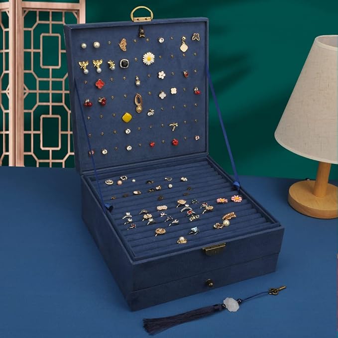 Jewelry Organizer 5 Layers Velvet Square Jewelry Box Women Necklace Ear studs Display Bangles Large Jewelry Storage Case Drawer GY306 (Navy)