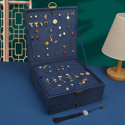Jewelry Organizer 5 Layers Velvet Square Jewelry Box Women Necklace Ear studs Display Bangles Large Jewelry Storage Case Drawer GY306 (Navy)
