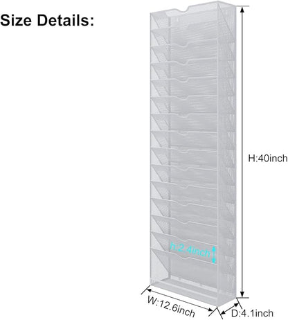 Hanging Wall File Organizer,16-Tier Desk File Mail Holder, Paper Bill Organization For Office Home School, White