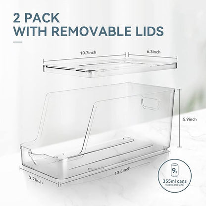 Soda Can Dispenser for Refrigerator with Lids, Stackable Drink Organizer for Fridge, Clear Plastic Refrigerator Organizer Bins, Beverage Can Holders for Pantry, Freezer, Kitchen, Cabinets Set of 2