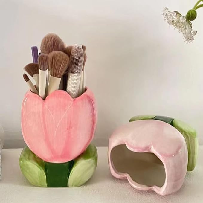 Cute Toothbrush Holder Pen Holder for Desk Pink Vase Decor Aesthetic Pencil Holder for Office Makeup Brush Holder Kawaii Desk Accessories Tulips Home Decor Birthday Gifts for Women