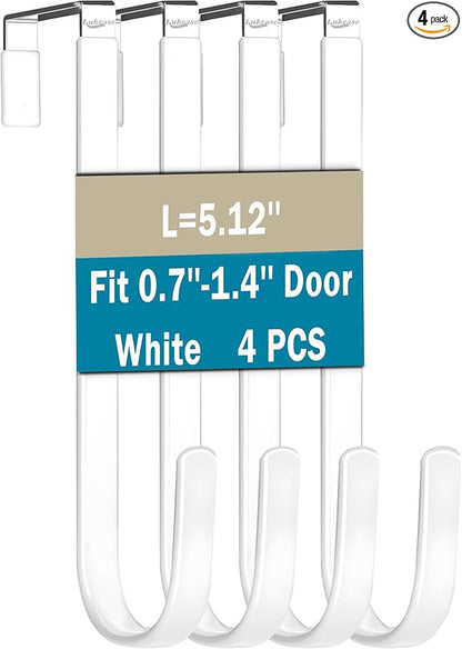 Lukcase Over The Door Hooks, 4 Pack Steel Door Hangers Hook w/Rubber Coating, Fit 0.7''-1.4'' Door Width, Organizer for Living Room, Bedroom, Bathroom, Kitchen Hanging Clothes, Towels, Hat, Bag