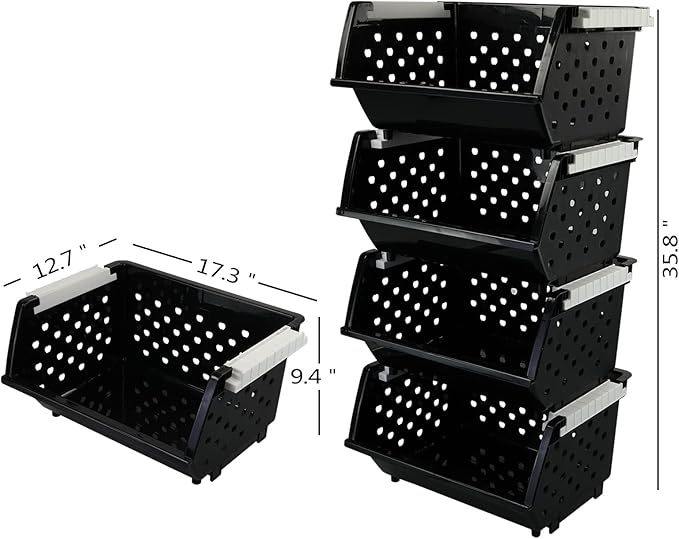 Jekiyo 4 Packs Large Stackable Storage Bins, Plastic Stacking Basket, Black