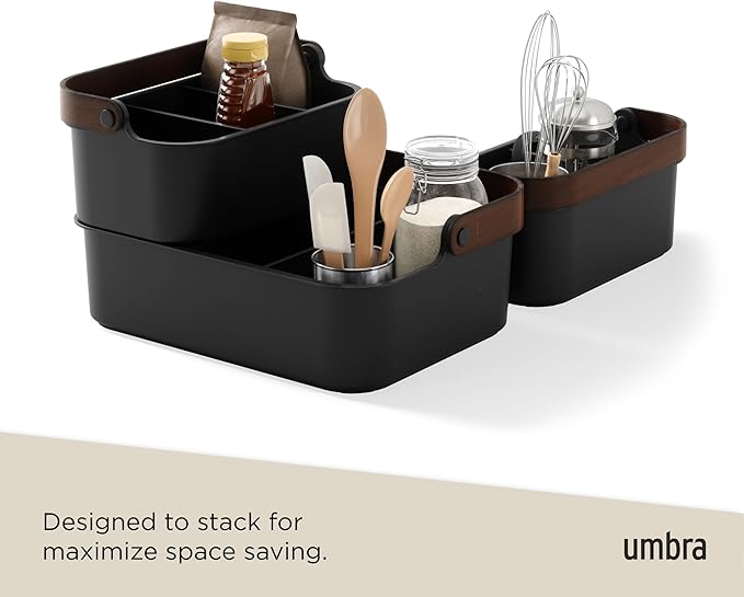 Umbra Bellwood Stackable Bin, 14" x 10" Durable Lightweight Container with Wooden Handle and Removable Dividers, Black/Walnut