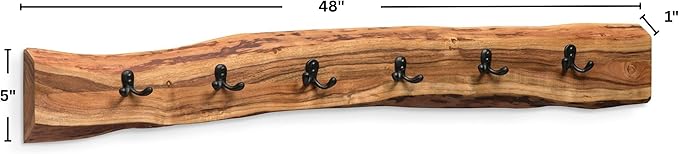 Alpine Natural Live Edge Wood 48-Inch Coat Rack with 6 Black Metal Hooks, Unique Natural Wood Characteristics, and Clear Finish for Entryway, Hallway, or Mudroom by Alaterre Furniture