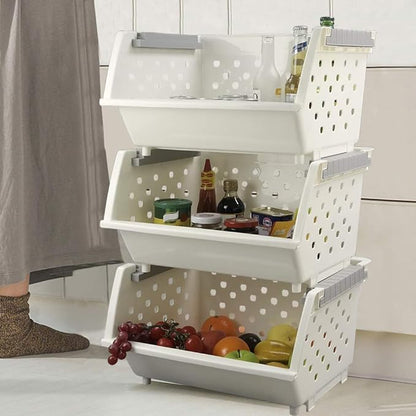 3-Pack Plastic Stacking Storage Organizer Basket, Stackable Basket, White