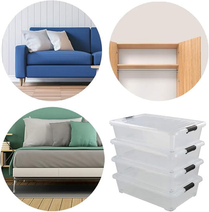 Minekkyes 4-Pack 25 Quart Large Plastic Underbed Clothes Storage Containers Bins, Wheeled Latching Box with Lids for Closet Organizers Shoes Underbed, Clear