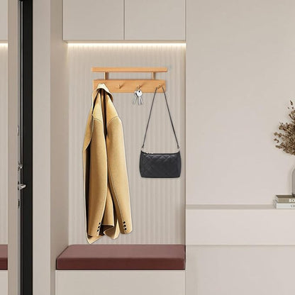 Solid Wood Shelf with Hooks, 12 inch Coat Rack Wall Mount, Shelves with 4 Brass Hooks for Hanging in Entryway, Living Room, Bathroom, Bedroom, Kitchen(Beechwood)