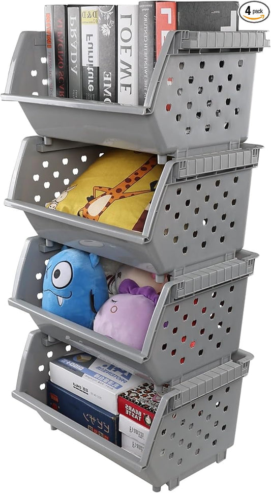 4-Pack Plastic Large Stacking Organizer Basket, Stacking Open Front Storage Bins, Gray