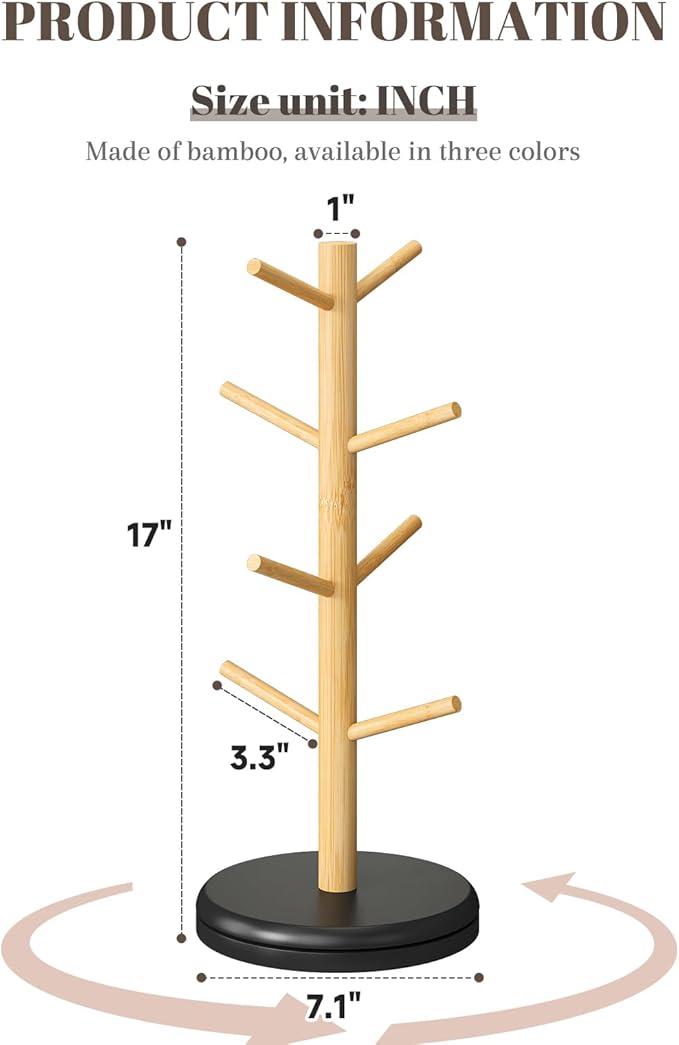 Mug Holder Tree 360° Rotated Mug Tree Coffee Cup Holder Bamboo Rack Stand 8 Hooks for Countertop Cup Rack Kitchen Coffee Bar Organizer Decorative Mug Racks (Natural+Black)