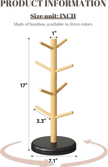 Mug Holder Tree 360° Rotated Mug Tree Coffee Cup Holder Bamboo Rack Stand 8 Hooks for Countertop Cup Rack Kitchen Coffee Bar Organizer Decorative Mug Racks (Natural+Black)
