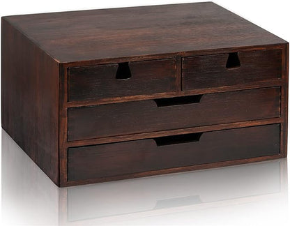 DEAYOU Bamboo Desk Organizer, 100% Natural Bamboo Desktop Drawer Organizer, Dark Brown Tabletop Storage Cabinet Organization Box with 4 Drawer for Makeup, Letter, Home, 3 Layer, Fully Assemble