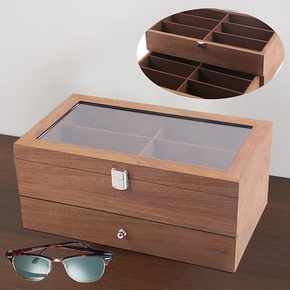 DouSeiAi Double Layer Wooden Sunglasses Organizer, 12 Grids Sunglasses Storage Box, Sunglasses Display Case with Lock Eyewear Holder Organizer Mahogany