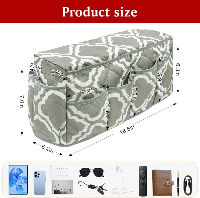 HADEEONG Remote Control Holder, Non Slip Bedside Armchair Caddy, Recliner Arm Caddy Armrest Organizer with 14 Pockets for Cell Phone TV Remote Control Magazines