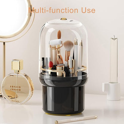 360-Degree Rotating Colored Pencil Holder with Lid, Pencil Organizer Holds 100 long Pencils with 7 Slots for Desk, Caddy Art Supply Organizer, Multi-function Makeup Brushes Ogranizer (Black)