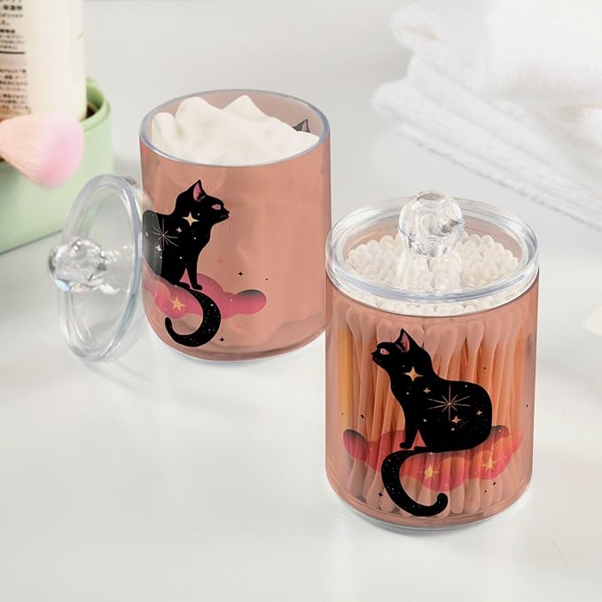 MNSRUU 2 Pack Qtip Holder Organizer Dispenser Black Cat Pink Bathroom Storage Canister Cotton Ball Holder Bathroom Containers for Cotton Swabs/Pads/Floss