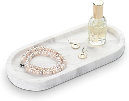 Oval Bathroom Vanity Tray, Large Natural Marble Sink Tray 10 inch, Volakas White Stone Soap Trays, Modern Perfume Trays, Countertop Organizer for Kitchen, Coffee Table, Home Decor