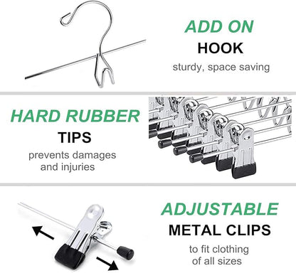 Amber Home 12 Pack Heavy Duty Add on Metal Pants Skirt Hangers, Stackable Add-on Metal Clothes Hangers with 2-Adjustable Clips, Cascading Clip Hangers Space Saving for Jeans, Slacks