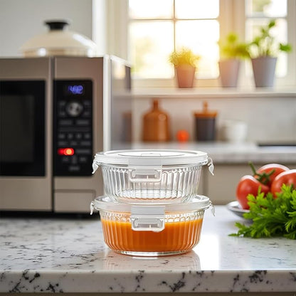 H.JSS WDJS 12oz Round Glass Meal Prep Containers with Airtight Lids, 1.5-Cup Round Glass Food Storage Containers Set, Heat-Resistant BPA-Free for Soup, Leftover, Microwave, Dishwasher, Freezer Safe
