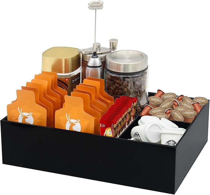 Coffee Station Organizer for Countertop, Removable Dividers Coffee Bar Accessories for Storage Sugar Packets Tea Bags, Black