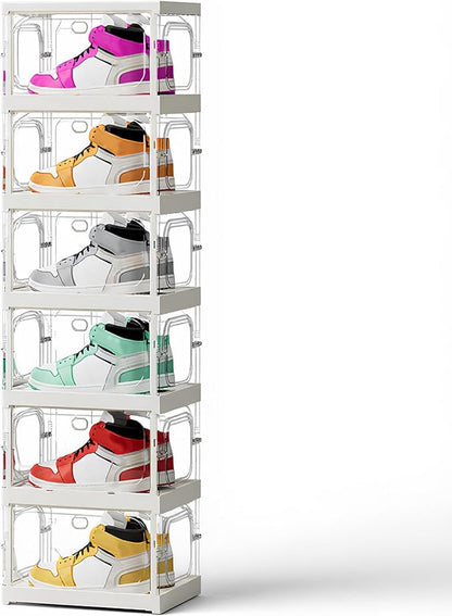 RILBOX X-Large Sturdy Foldable Shoe Rack Sneaker Container Clear Plastic Stackable Space Saving Shoe Storage Boxes Organizers Bin Holder with Lids for Entryway, Closet 6 Tier - 14.0" W Hold 6 Pairs