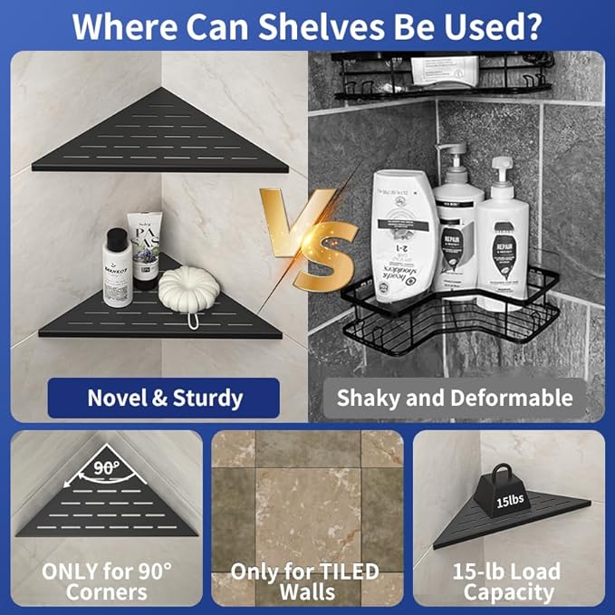 Bernkot Corner Shower Shelf, 12" Matte Black 304 Stainless Steel Slot Design Recessed Corner Shelves 2 Pack Bathroom Grout in Shelf for Tiled Wall, Large Size