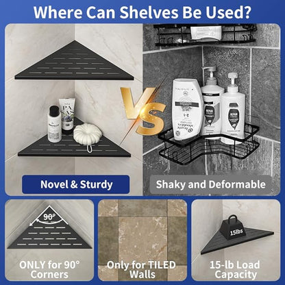 Bernkot Corner Shower Shelf, 12" Matte Black 304 Stainless Steel Slot Design Recessed Corner Shelves 2 Pack Bathroom Grout in Shelf for Tiled Wall, Large Size