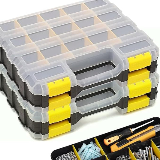 Andalus Tools Organizer Box, Small Parts Storage 34-Compartment Double-Sided Portable Hardware Organizer Removable Plastic Dividers for Screws, Nuts, Bolts, Nails – Yellow (2 Pack, 12.5" x 10.5" x 3")